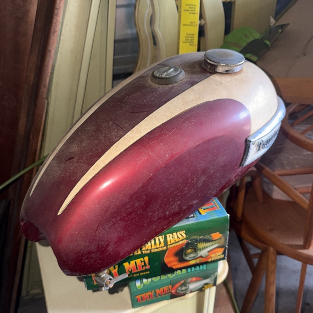 Vintage Triumph Maroon and Cream Motorcycle Fuel Tank